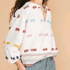 Lou & Grey Off-White Peasant Tapestry Bohemian Getaway Blouse Cotton Size Large